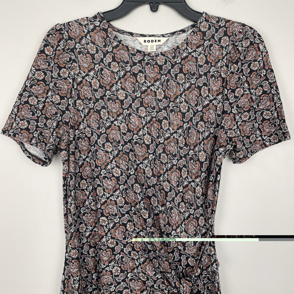 Boden Knot Front Jersey Midi Dress Size 6R Black Block Paisley Print Career Work - Picture 4 of 8